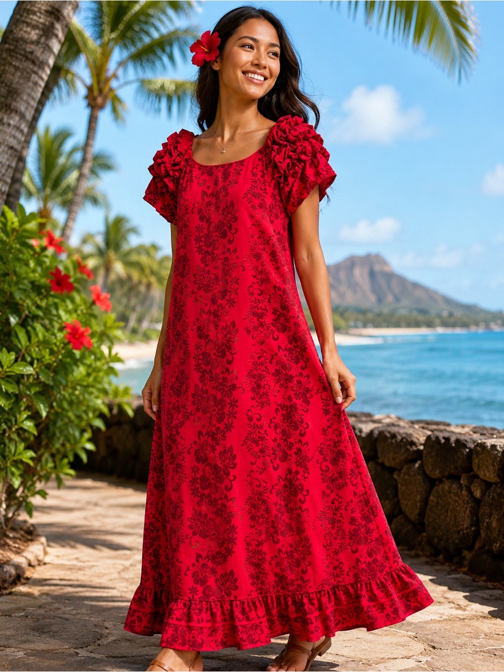 VTG CC Fashions Authentic Red Hawaiian 🌺 Hibiscus Maxi Dress Ruffled Shoulders 🌺